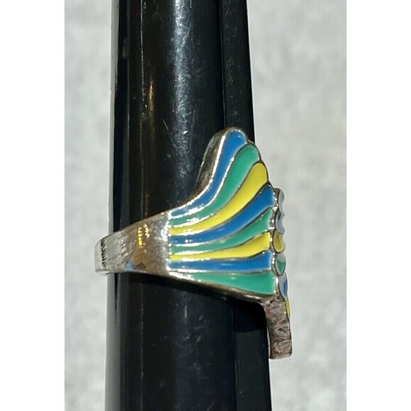 Womens BIG Vintage Ring Enamel Mermaid Tail STERLING SILVER Plated Band Blue 6 - Picture 2 of 9